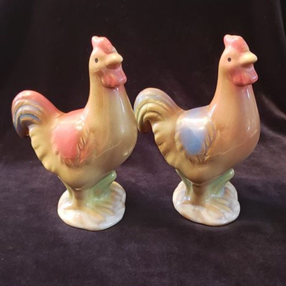 Vintage Pair of Glazed Ceramic Rooster Figurines